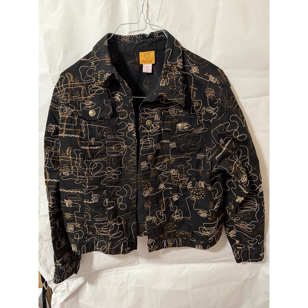 Ruby Rd. Womens Blazer Jacket Black Denim Jean Gold Embroidered Pattern 18